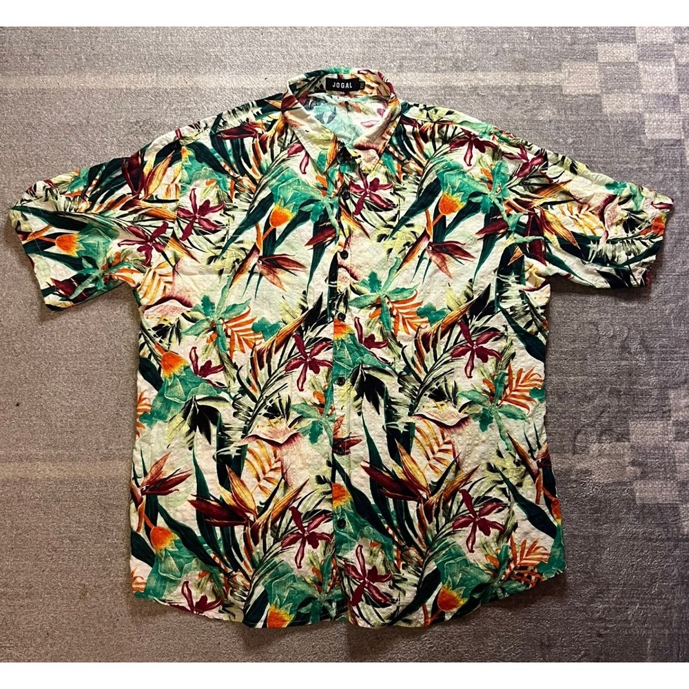 Jogal Mens XXL Tropical Floral Bird of Paradise Hawaiian Short Sleeve button Up